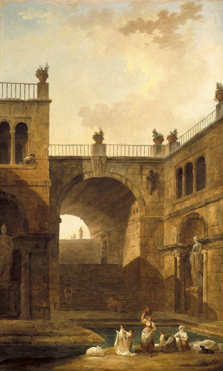 Scena architettonica con donne che lavano i panni in una piscina - Museum of Art, Indianapolis